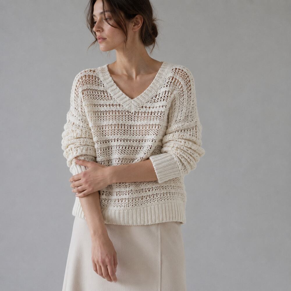 Brunello Cucinelli Textured Open Knit Sweater Womens M Cream Cotton V-neck